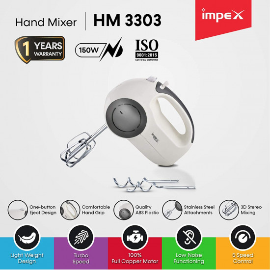  Impex HM 3303 150W Hand Mixer With 2 Hooks And Beaters, Ivory 